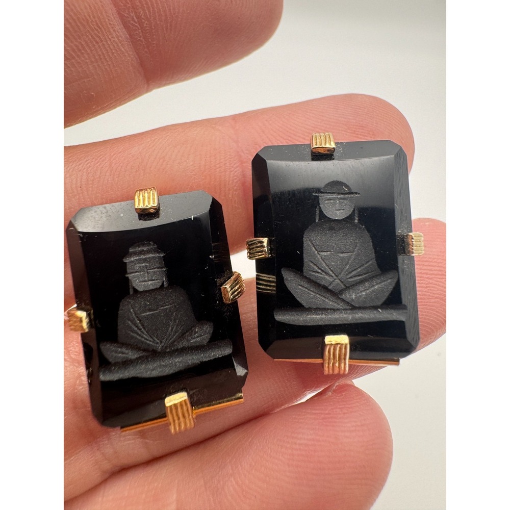 Vintage Buddha Cufflinks Intaglio Gold Tone Reverse Carved MCM